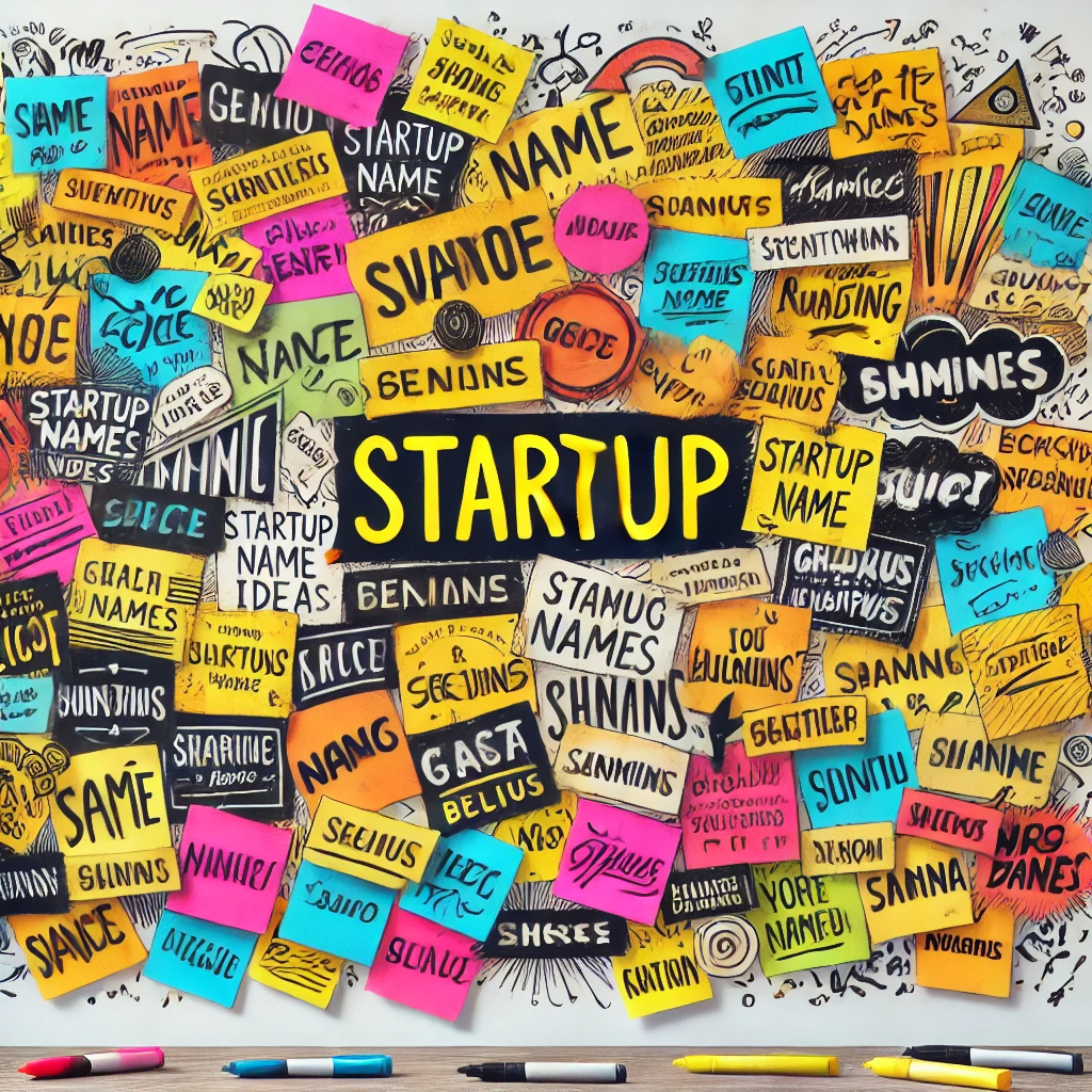 A chaotic brainstorming wall filled with post-it notes, startup name ideas written all over in random styles.