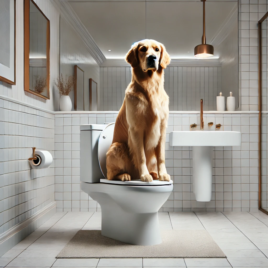 a dignified golden retriever, contemplating life (or lunch), sitting on a premium dog toilet.