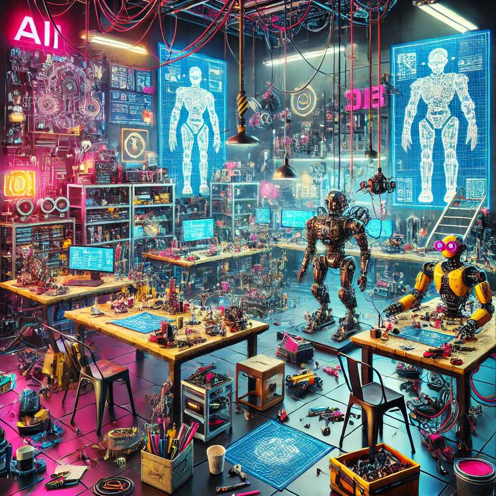 A colourful and chaotic lab filled with AI-generated blueprints, half-built robots, and startup branding materials