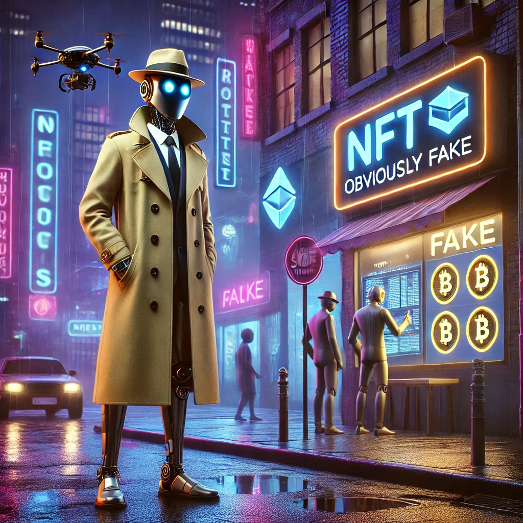 Humorous illustration of a robot in a trench coat and fedora standing in a neon-lit cyberpunk city, promoting NFTs with glowing signs and digital displays in a satirical street scene.