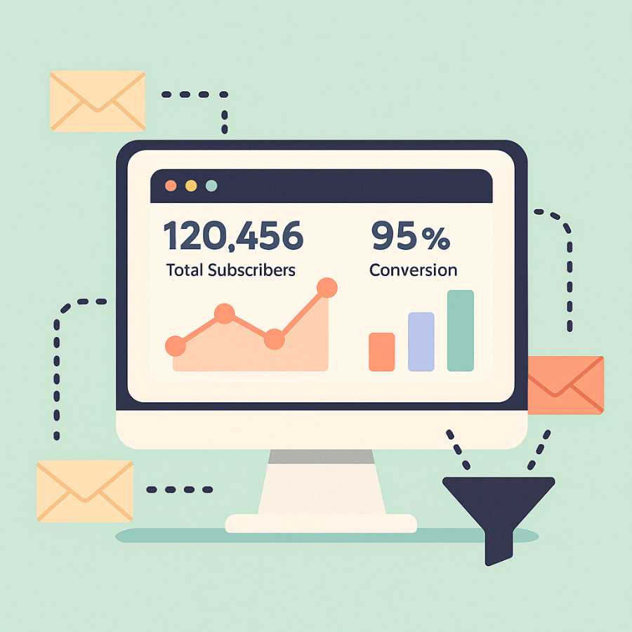 Flat digital illustration of a computer screen showing colorful analytics and icons on a pastel background.