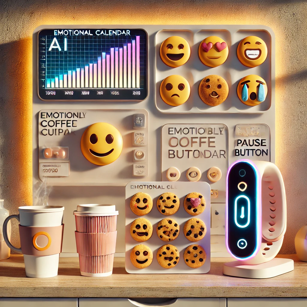A futuristic shelf displaying quirky product prototypes: an emotional calendar with mood graphs, bite-marked edible cups, a glowing AI fridge assistant, and a wearable pause button—all in an optimistic, slightly satirical tech style.