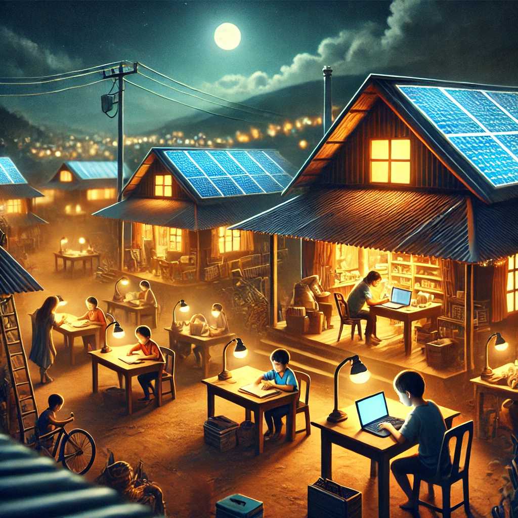 A square image depicting a vibrant rural village powered by solar panels. The scene includes children studying under electric lights at night while adults work on laptops nearby