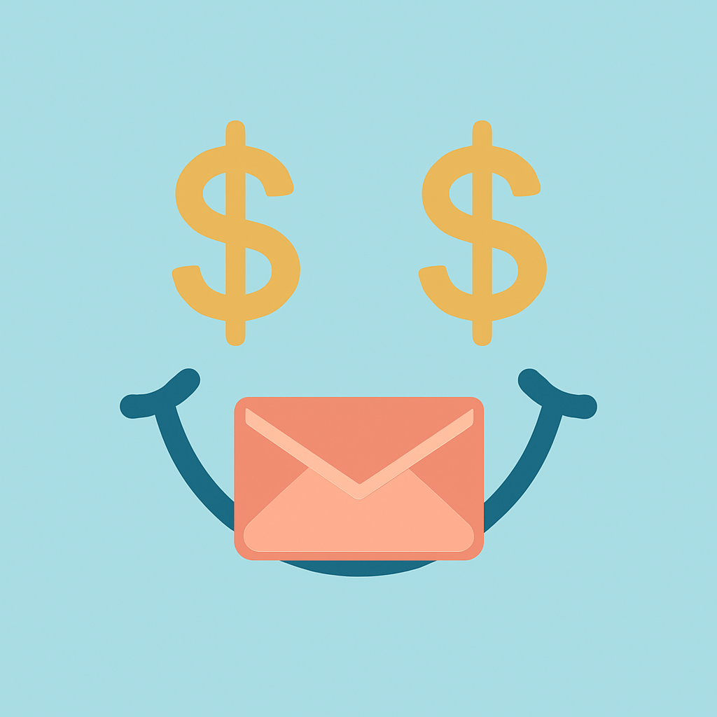 Minimalist vector illustration of a smiling face made from two yellow dollar signs as eyes and a coral-colored envelope as the mouth, set against a pastel blue background. The image symbolizes the monetization of email data in a playful, abstract style.
