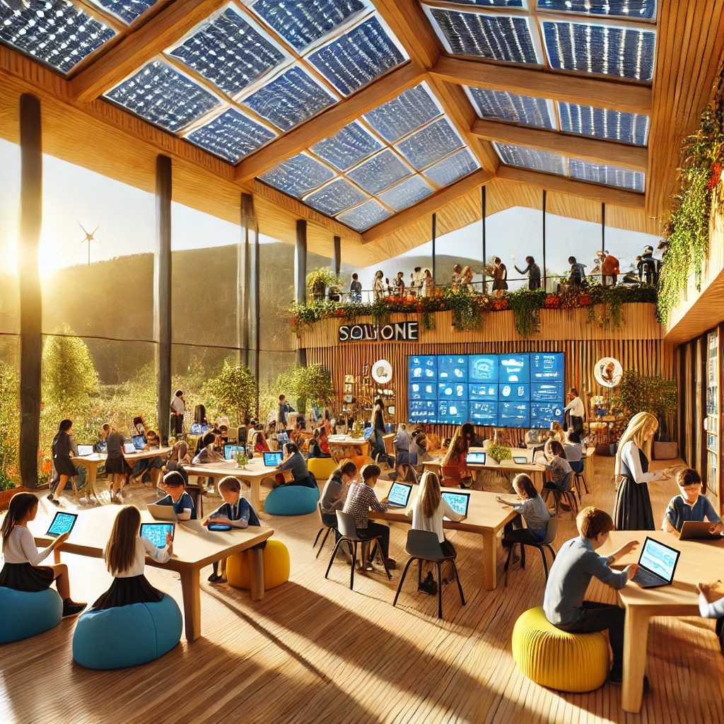 A visually inspiring image of a modern, vibrant classroom powered by solar panels, set in a remote but picturesque location, with diverse students actively engaging with technology and educational materials.