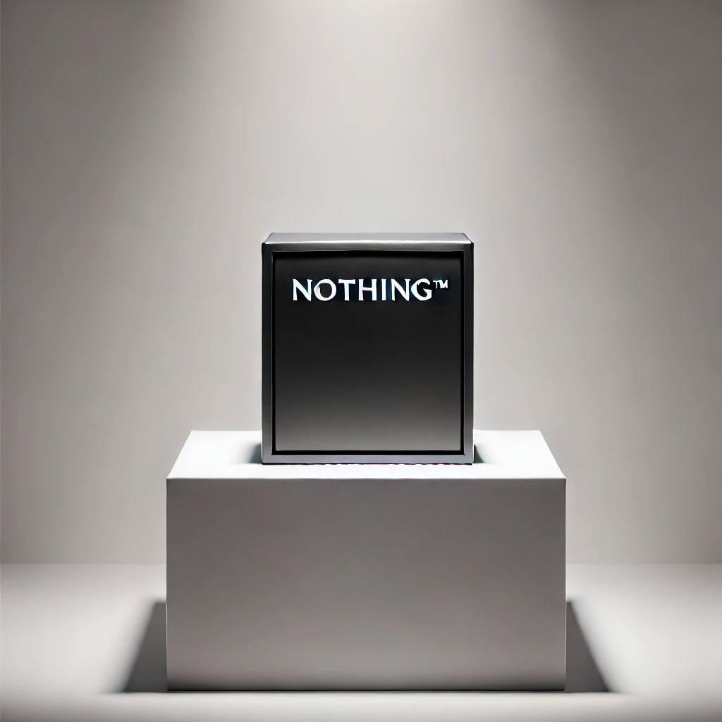 A sleek, matte black minimalist box sitting alone on a white pedestal, dramatically lit like a luxury product. The box is labeled ‘Nothing™’ in tiny, ironic text.
