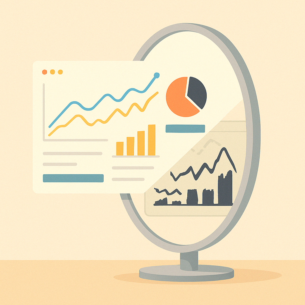 Minimalist flat-style illustration of an oval mirror showing a clean SaaS dashboard reflected as a chaotic, deteriorating version. Set against a soft pastel background.