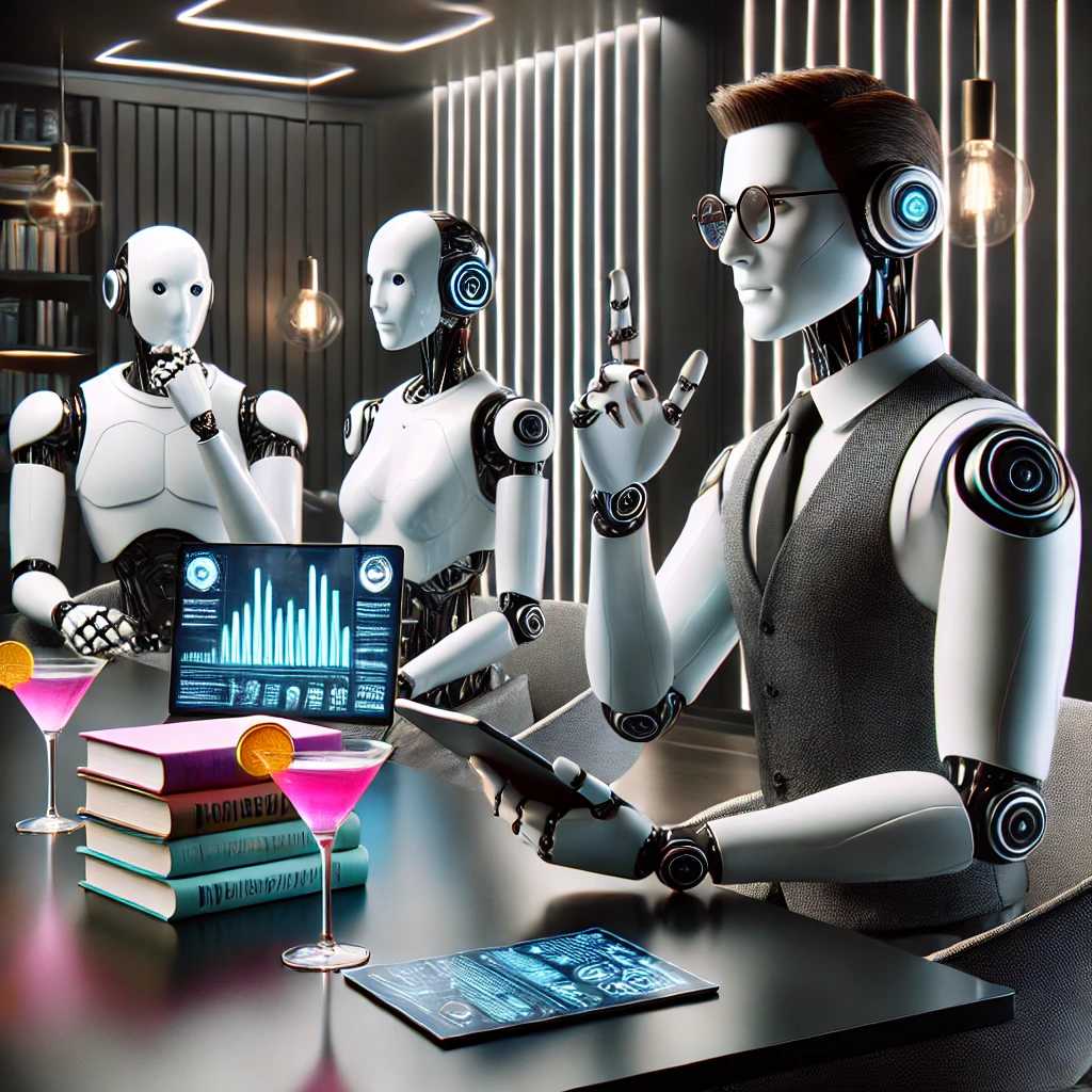 Three robots sitting at a podcast table. One wears glasses and gestures thoughtfully. One is buried in books. The last one is holding a cocktail and smirking. Stylised, clean, conversational vibe. High contrast with pops of color.