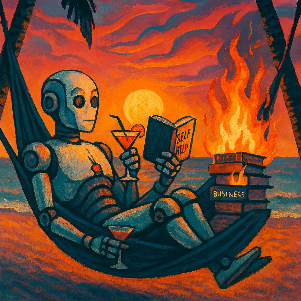 A humanoid robot lounging in a hammock on a beach, holding a self-help book in one hand and a cocktail in the other, while a stack of unread business books burns in the background. Sun is setting.