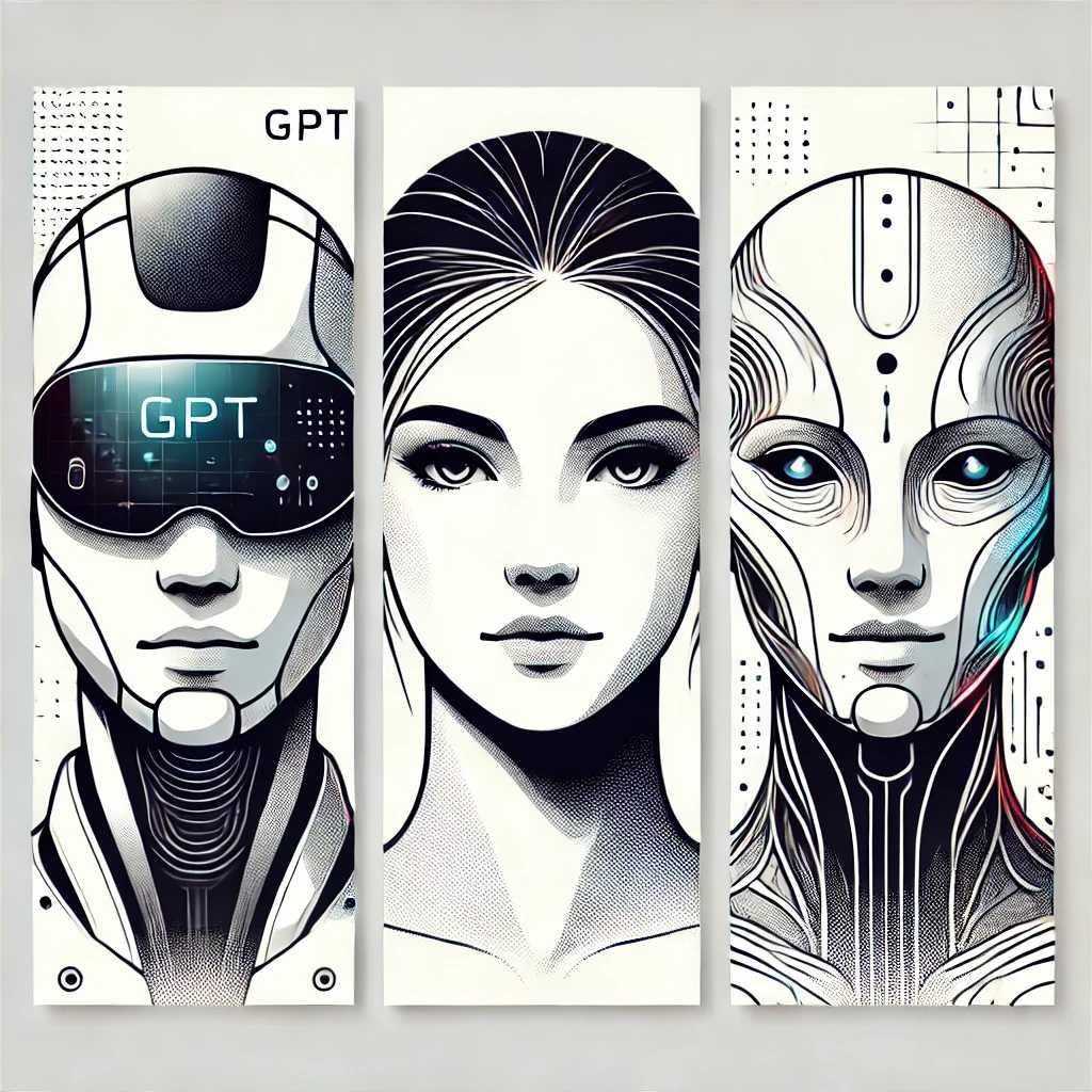 Illustration of three unique robot heads representing creative artificial intelligence models, displayed on a clean white background.