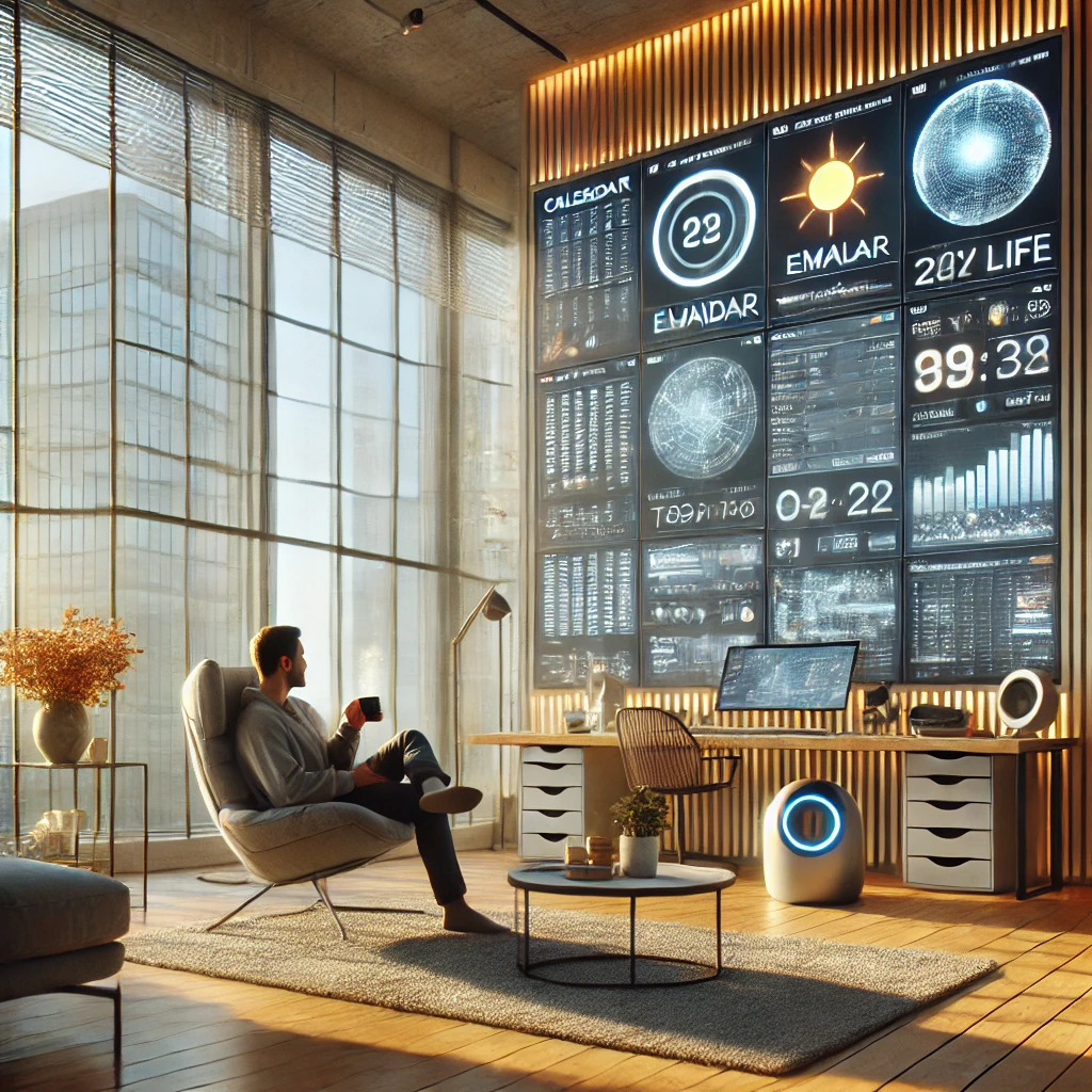 A person relaxing with coffee while AI systems manage multiple aspects of daily life on holographic displays, representing automated life routines.