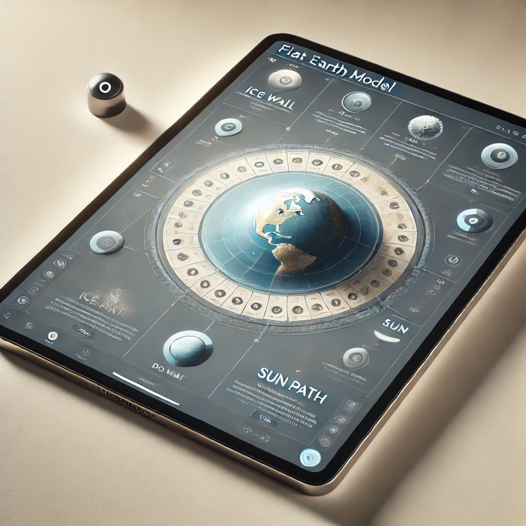 A convincing but scientifically inaccurate flat Earth model diagram displayed on a tablet with AI assistant branding, illustrating how AI can present false information persuasively