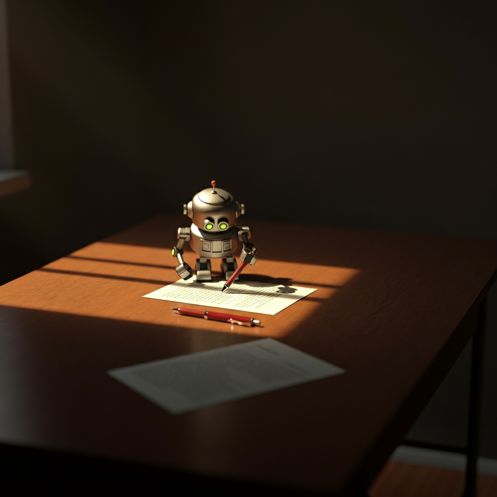 A small retro-futuristic robot with green eyes, gently placing a red pen on a wooden desk, illuminated by warm morning sunlight. Shadows stretch across the table, which holds scattered papers, creating a nostalgic and hopeful atmosphere.